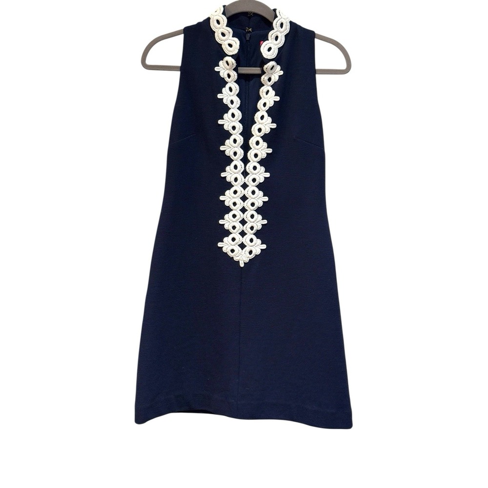 Lilly Pulitzer Mila Shift Dress Women 4 Navy Blue White Lace Trim Preppy Coastal